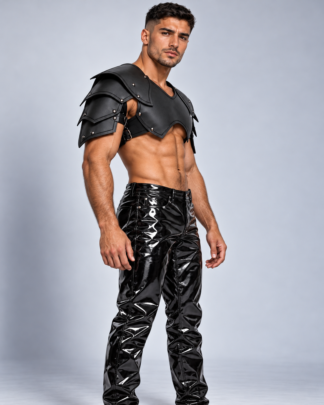 A muscular man modeling a black faux-leather warrior-style costume set featuring a cut-off armored shoulder guard and shiny black pants, posed against a light gray studio background.