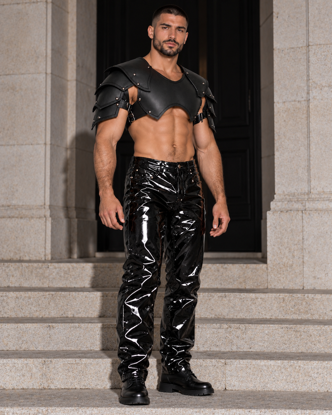 A muscular man wearing glossy black patent leather pants and matching black leather shoulder armor stands on stone steps in front of a dark doorway.