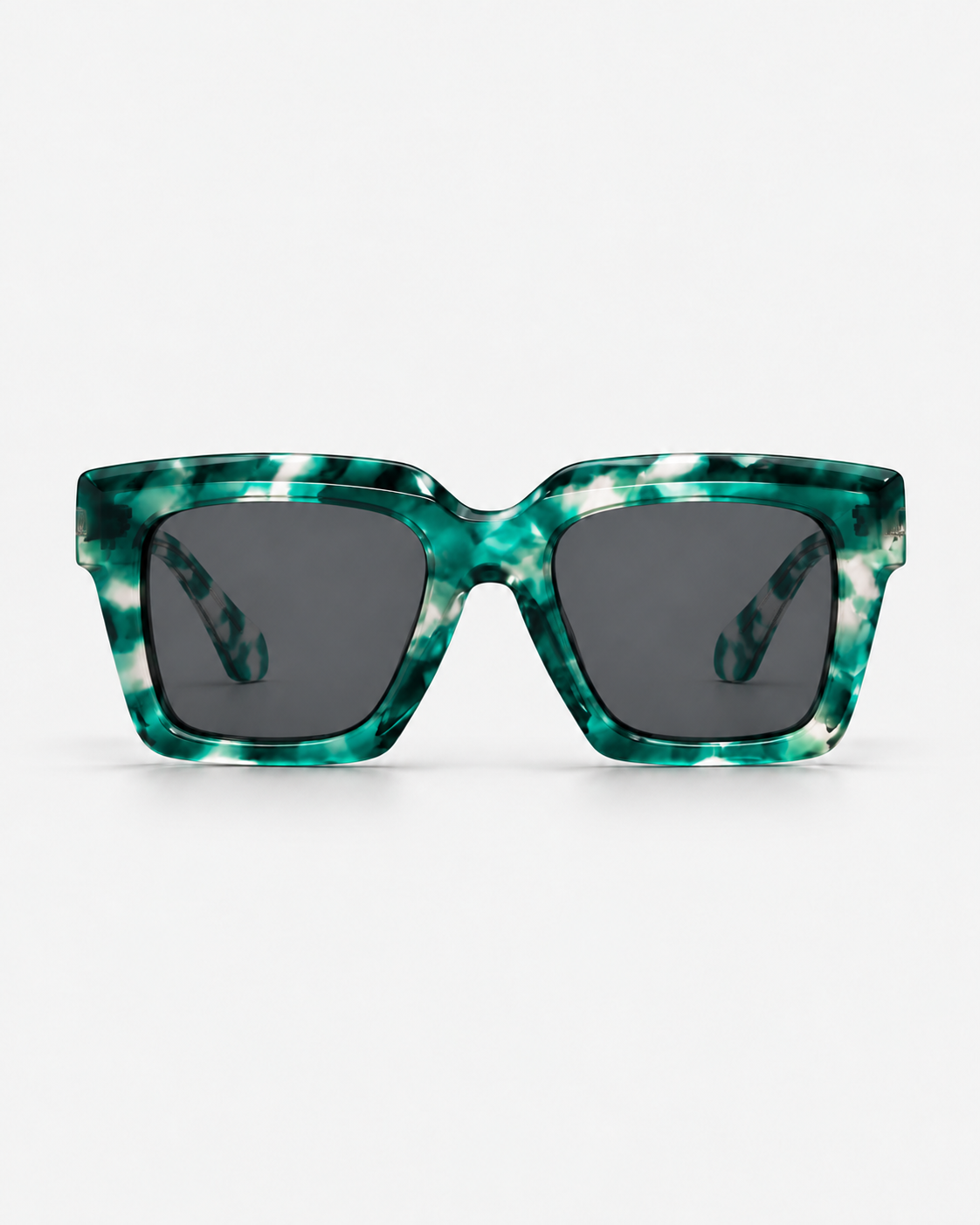 Square sunglasses with a green and white marbled acetate frame and dark gray lenses, shown against a plain white background.