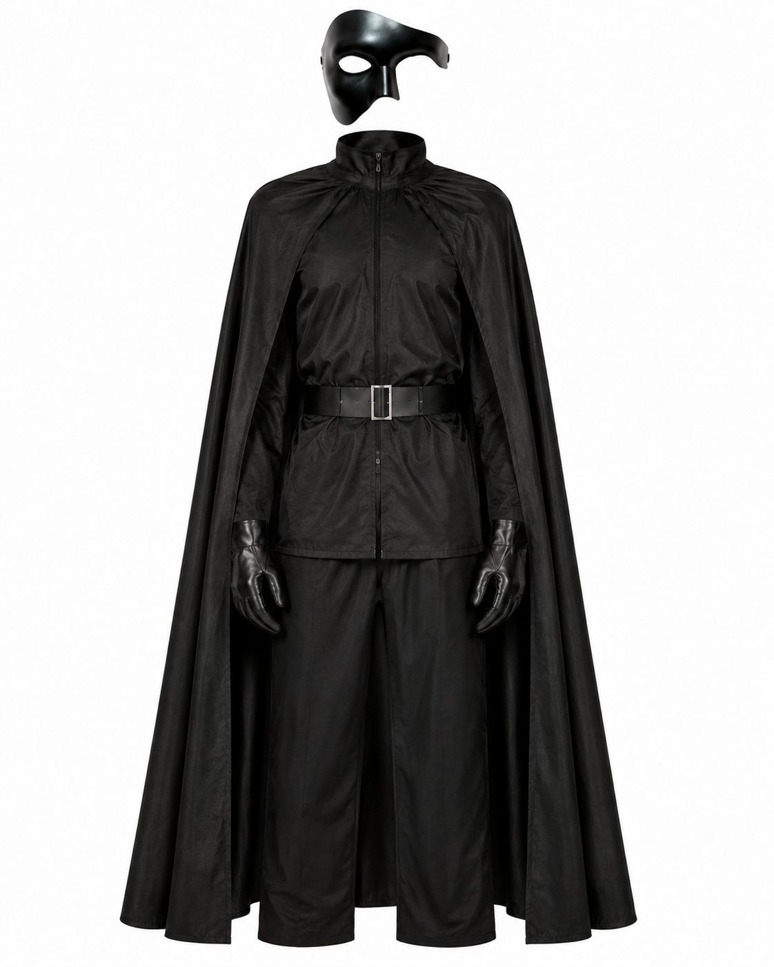 A black gothic costume set displayed on a mannequin, featuring a long cape, matching jacket and trousers, black gloves, a black belt, and a black masquerade mask, all against a plain white background.