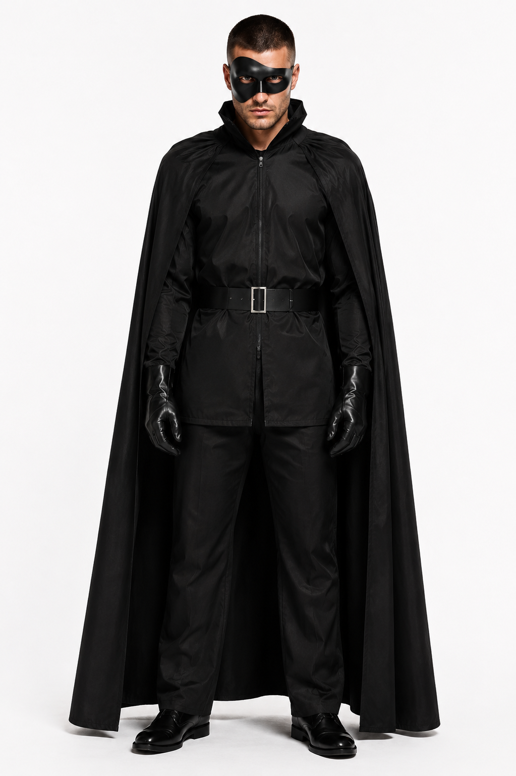A man modeling a full black superhero costume consisting of a long cape, high-collar jacket, matching pants, gloves, and a black mask, photographed against a plain white studio background.