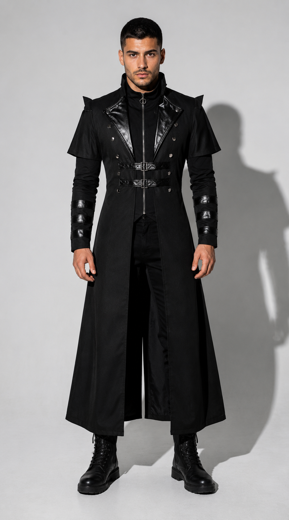 A man modeling a long black gothic-style coat with shoulder epaulets, a high collar, and glossy black faux-leather lapels, paired with black pants and boots, against a light gray studio background.