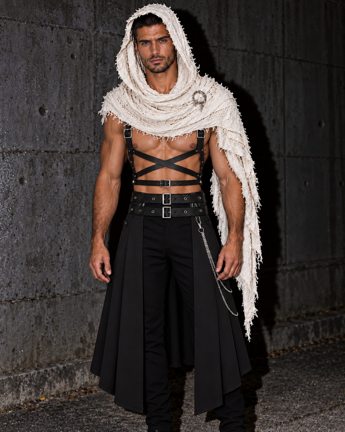 A muscular man modeling a gothic outfit consisting of a black strappy harness vest, black high-waisted trousers with a long draped skirt overlay, a black belt, and a fringed off-white hooded shawl draped over his shoulders, set against a dark concrete wall.