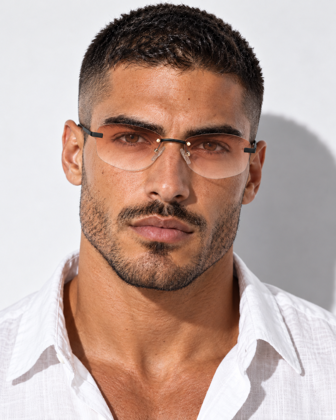 A close-up portrait of a man wearing rimless-style eyeglasses with a thin gold metal frame and clear lenses, paired with an open white shirt against a light gray background.