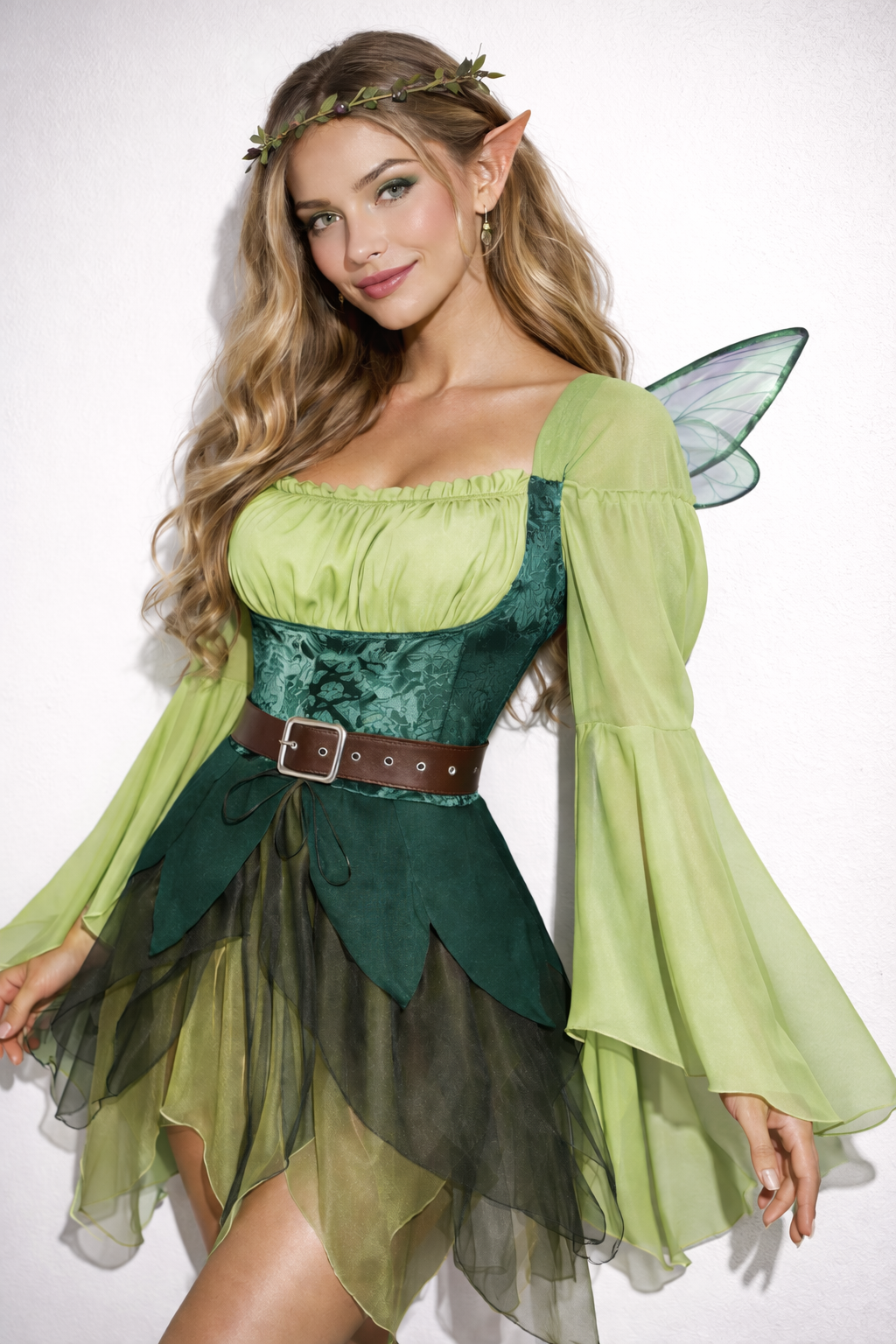 A woman modeling a green fairy costume with a corset-style bodice, sheer bell sleeves, layered tulle skirt, and translucent wings against a plain white background.