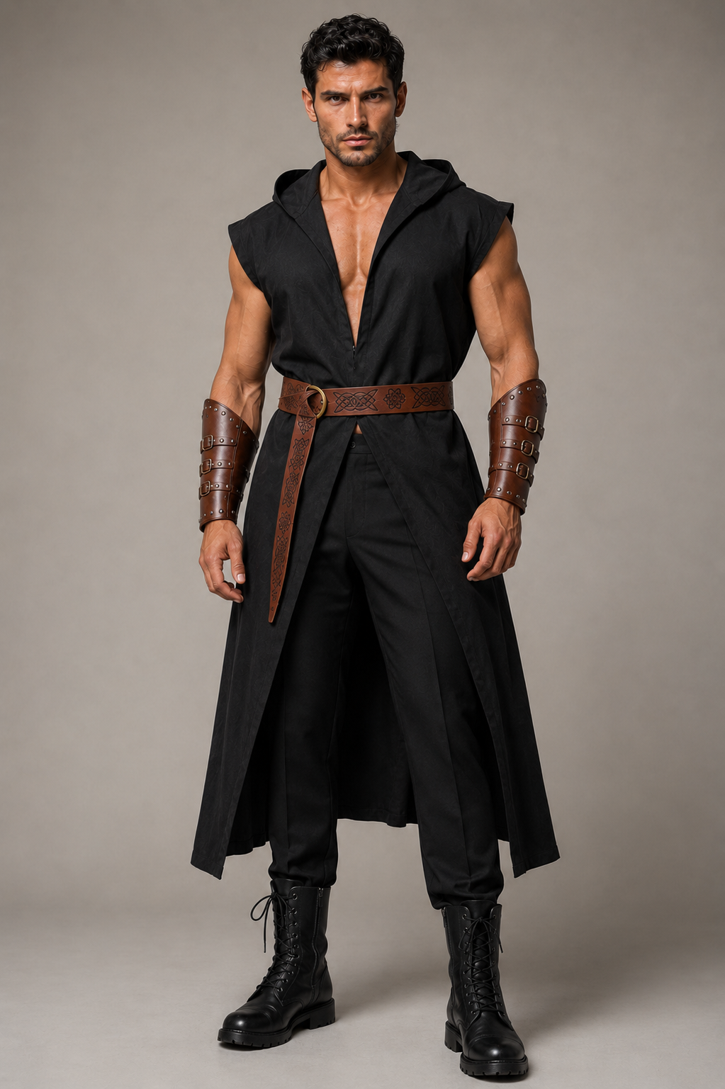 A muscular man modeling a black hooded sleeveless tunic costume with a brown belt, matching brown arm bracers, black pants, and black combat boots, set against a plain gray studio background.