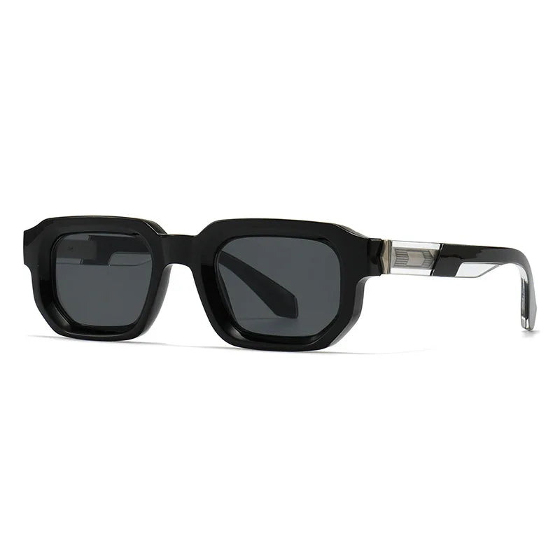 Black sunglasses with a brand logo on a white background