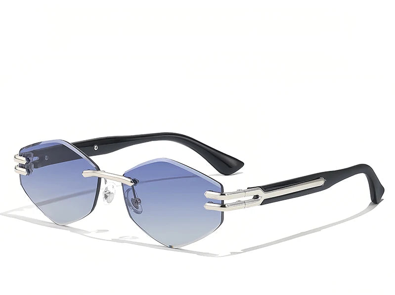 Sunglasses with gradient blue lenses and black and silver frame on a white background, featuring the Caterside brand.