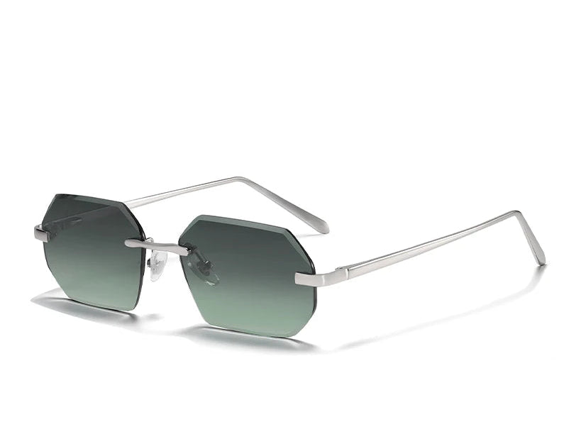 Sunglasses with green gradient lenses and thin metal frame on a white background, featuring the Caterside brand.