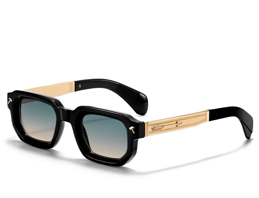 Sunglasses with black and gold frame on a white background, featuring the Caterside brand.