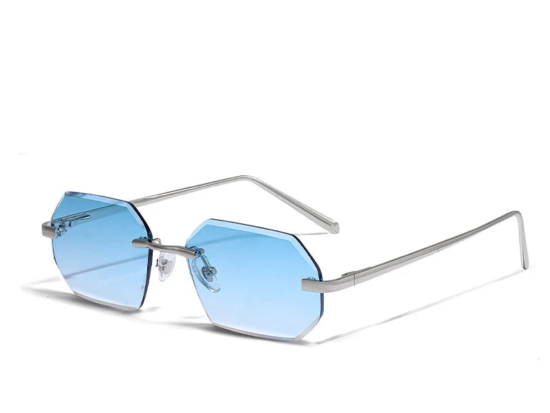 Sunglasses with blue lenses and thin metal frame on a white background, featuring the Caterside brand.