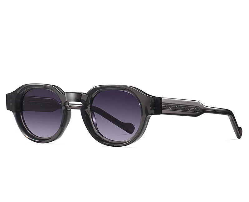 Sunglasses with gray frame and gradient gray lenses on a white background