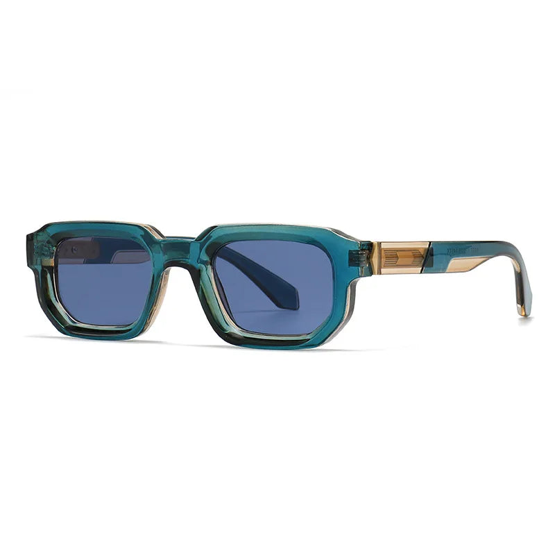 Sunglasses with a green and brown frame on a white background